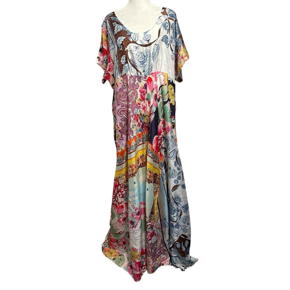 Johnny Was Plus Size 1X Silk Patchwork Maxi Dress Lined Floral Boho Bohemian